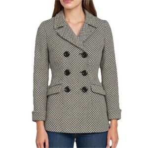 Moda International Wool Blend Peacoat Jacket Womens Small Black White Tweed Coat